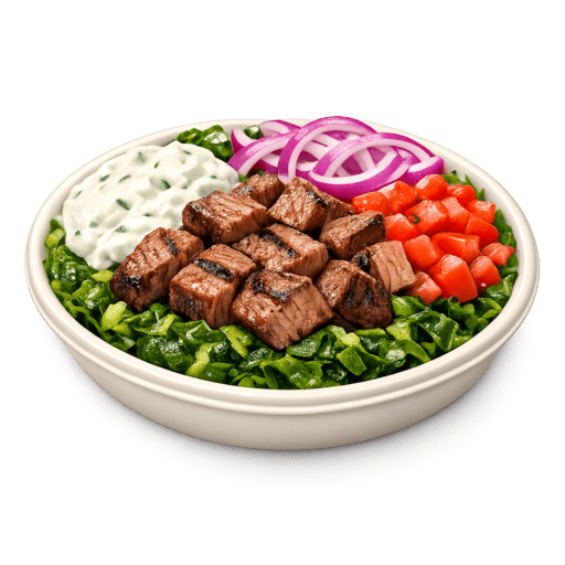 Build-Your-Own: SuperGreens + Grilled Steak + Tzatziki + Tomato + Onion at CAVA